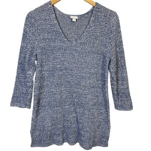 J Jill Sweater Medium Petite Blue White Knit V Neck‎ 3/4 Sleeve Tunic Length